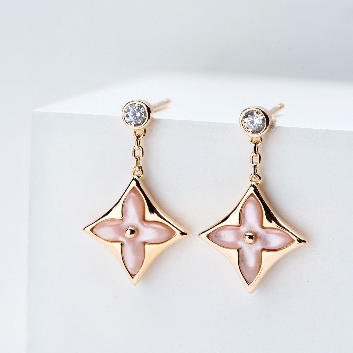 [Peak]DOUBLE STAR ROSE GOLD MOP DROP EARRINGS