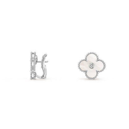 [Peak]15MM CLOVER FLOWER STUD EARRINGS DIAMOND-WHITE GOLD COLLECTION