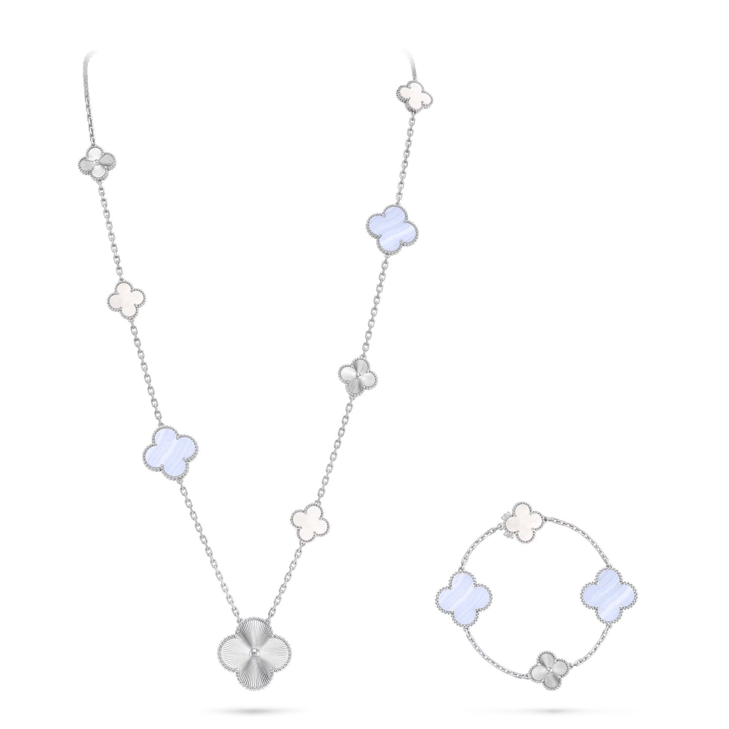 [Peak]DETACHABLE 15-MOTIF CLOVER STATEMENT SET - PURPLE CHALCEDONY & LASER